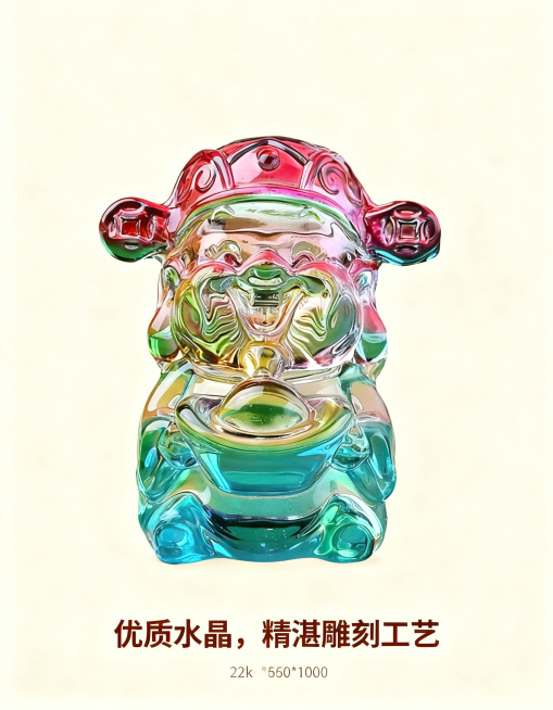 彩色大财神水晶摆件核心细节特写图，背景为纯净浅米色，画面放大展示水晶材质的通透质感、色彩自然融合的过渡处、雕刻的细腻线条、元宝造型的精致细节，光影凸显水晶的折射光泽。画面下方悬浮文字“优质水晶，精湛雕预览效果