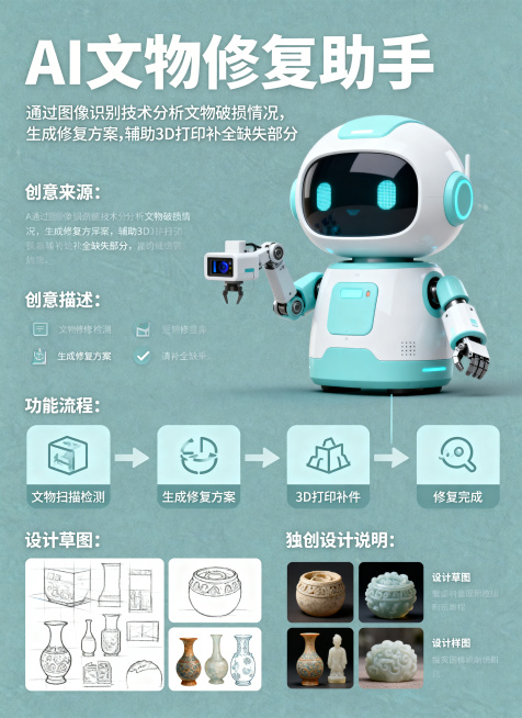 AI文物修复助手宣传海报，整体风格参考给出的机器人产品海报，清新简约科技风，字体较大清晰。顶部为大标题"AI文物修复助手"，下方有副标题说明核心功能：通过图像识别技术分析文物破损情况，生成修复方案，辅预览效果