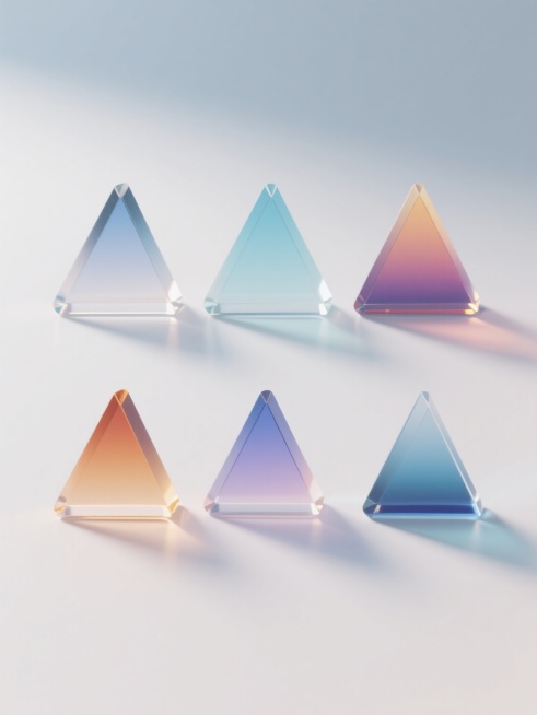 6个不同样式、不同配色的3D三角形几何形状元素，每个三角形具有光滑渐变的表面质感和清晰的棱边高光，整体呈现通透的玻璃或水晶材质感，放置于纯净的浅色背景上，元素按上下两行整齐对齐排列，保持统一的三维空间视角和柔和的侧上方光源照射效果，光影过渡自然，每个三角形的色彩独特且和谐，共同营造出简洁、现代且富有层次感的视觉效果。预览效果