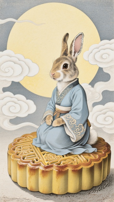 拟人化的兔子坐在月饼上，古风扮相，背景是祥云和淡黄色圆月，明亮色彩预览效果