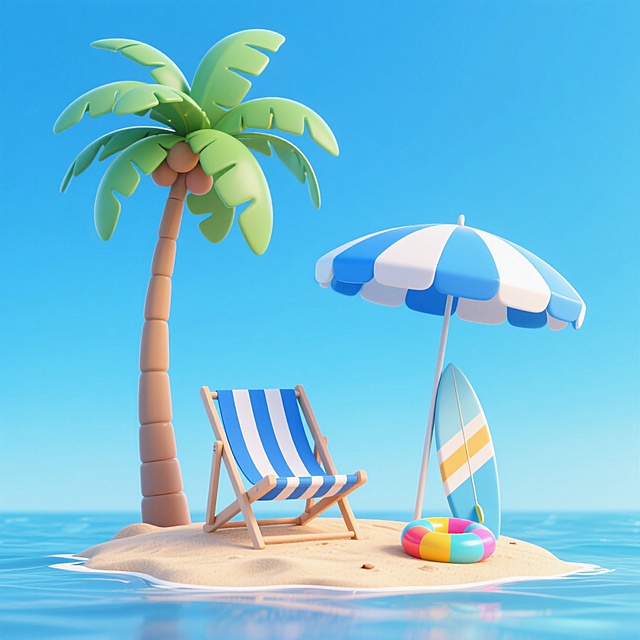 清新软3D风，卡通感海岛场景，椰树、躺椅与救生圈，夏日度假氛围。