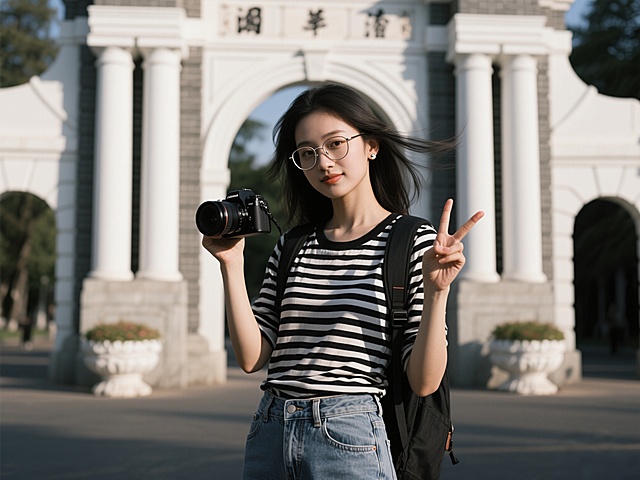 在清华大学校门前，一位年轻女子亭亭而立，单肩挎着背包，身穿黑白条纹上衣，搭配牛仔裤和运动鞋，发丝在风中轻扬，肌肤细腻逼真，戴着无框金属眼镜和小巧耳钉，含情的目光直视镜头，一手握着相机，另一手比出可爱的V字手势，戏剧性的灰色侧光与伦勃朗式光交织，强烈的明暗对比，深沉的阴影与层次丰富的质感相互映衬，画面弥漫着浓郁的电影氛围，写实笔触呈现超现实感，色彩鲜明饱满，宛如8K单反相机捕捉的电影级镜头，通过HDR技术定格光影张力十足的瞬间