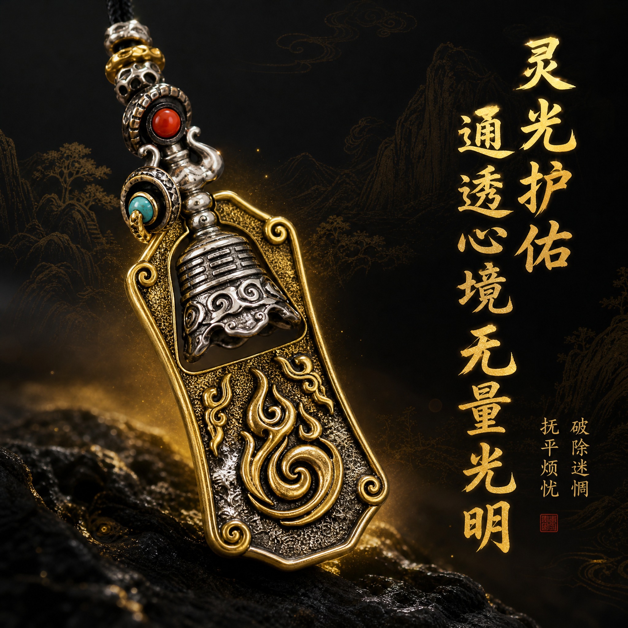 淘宝天猫电商主图，1:1正方形，深色中式国潮风格，深黑色背景配… - 图片创意预览