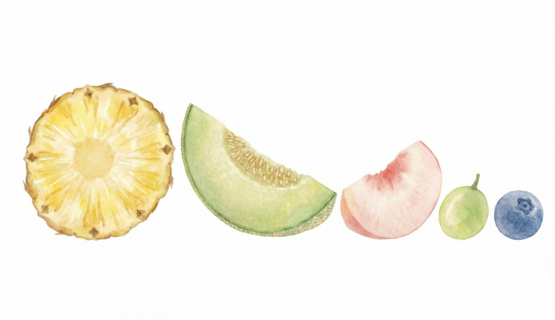 按水果大小从大到小，从左到右依次排列，水果间不要重叠，水果形态完全不变，仅做排列预览效果