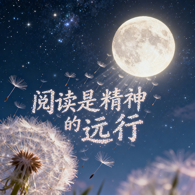 深邃璀璨的星空下，轻盈的蒲公英种子汇聚组成“阅读是精神的远行”艺术字样，迎着柔和月光，缓缓飞向夜空中的明亮月亮，整体画面浪漫治愈，充满梦幻氛围感，色调清透柔和。