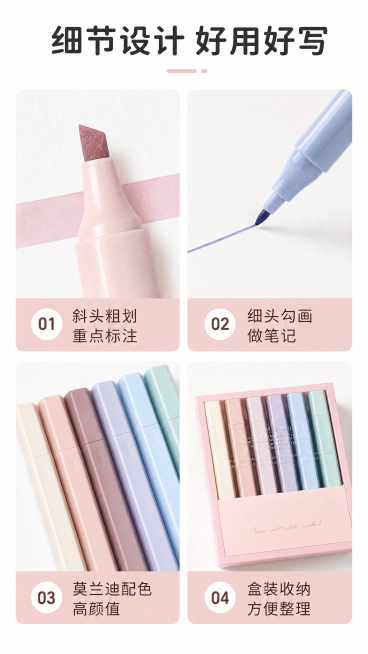 [第3屏] 莫兰迪色荧光笔核心细节四宫格解析。本屏使用【图1】产品拆分四个局部细节。
[氛围/风格] 简约细节展示风，清晰锐利，干净明快。
[元素布局] 2×2四宫格排版，每个格子展示一个核心细节：左预览效果