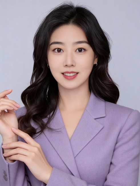 参考图中保留人物脸型、发型、年龄等特征生成职场形象照，保持人物不变，更换为淡紫色精纺羊毛混纺西装外套，西裤同色，更换全新不同手势和姿势，调整手指位置，保留耳环，简约微微暖调浅灰色纯色背景，画质超高分辨预览效果