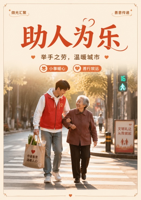 公益海报A4尺寸，写实温情风格，画面展示年轻人帮助老人提东西过马路的温馨场景，主标题大字"助人为乐"，副标题小字"举手之劳，温暖城市"，角落装饰文字"微光汇聚"和"善意传递"，卖点标签"小事暖心"和"预览效果