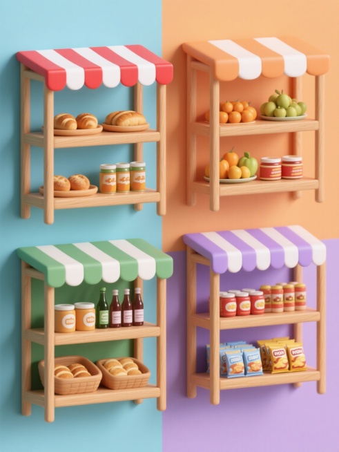 一组四个不同元素内容的3D风格木质货架系列素材，每个货架保持相同的3D建模风格、木质纹理质感、三层结构和顶部红白条纹波浪形遮阳棚设计，整体采用纯色背景，画面整体色彩分别变换为清新蓝调、活力橙调、沉稳绿调和温柔紫调，元素类目保持为货架但内容完全不同（如第一个货架摆放烘焙面包、第二个摆放水果罐头、第三个摆放瓶装饮料、第四个摆放零食包装），四个货架规整排布成2x2网格布局，每个货架光照统一柔和，阴影……预览效果