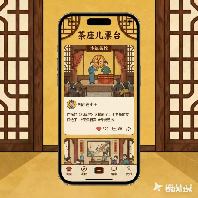 根据这张图片的风格，生成4张ui设计图片，图片内容为天津相声社区，社区的内容可以模仿小红书以及抖音等平台的方式，有很多听说相声的人发表相声意见，内容以及人物要偏向于手绘一点预览效果