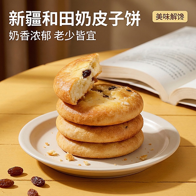 垫图为上传的奶皮子饼商品图和参考图。主图主题：新疆和田奶皮子饼首图。氛围风格：舒适简约家居治愈风，自然暖光，温馨午后感。画面元素：几块奶皮子饼堆叠在米白色陶瓷餐盘里居中，其中一块被掰开露出果干夹心，饼屑轻轻掉落，餐盘旁散落几颗葡萄干，背景是暖黄色的桌面和翻开的书籍，整体光影柔和细腻，背景铺满全屏无边框。配色色系：主色调：暖黄色、奶白色；辅助色：葡萄干深棕色、餐盘浅米色。视角构图：平视视角，产品主体占比60%，景深适中。文字版式：左上角悬浮主标题“新疆和田奶皮子饼”，无衬线粗体奶白色；下方副标题“奶香浓郁 老少皆宜”，字号缩小50%，奶白色；右上角悬浮标签“美味解馋”，浅黄色底深棕色字。文字均不遮挡产品主体。比例分辨率：1:1比例，2k分辨率，产品外观与原图完全一致