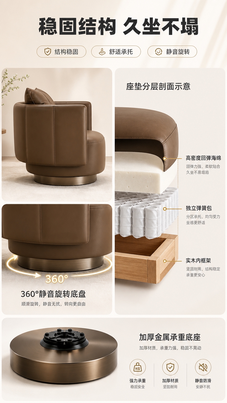 [商品] 使用【图1】棕色单人旋转休闲沙发椅；保留圆润一体式靠… - 图片创意预览