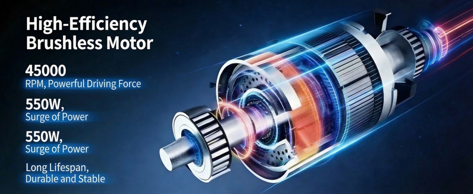 保留最上方的“High-Efficiency Brushless Motor”文本，移除文本的蓝色光晕和发光特效，设置为普通白色无效果字体，其余画面元素保持不变预览效果