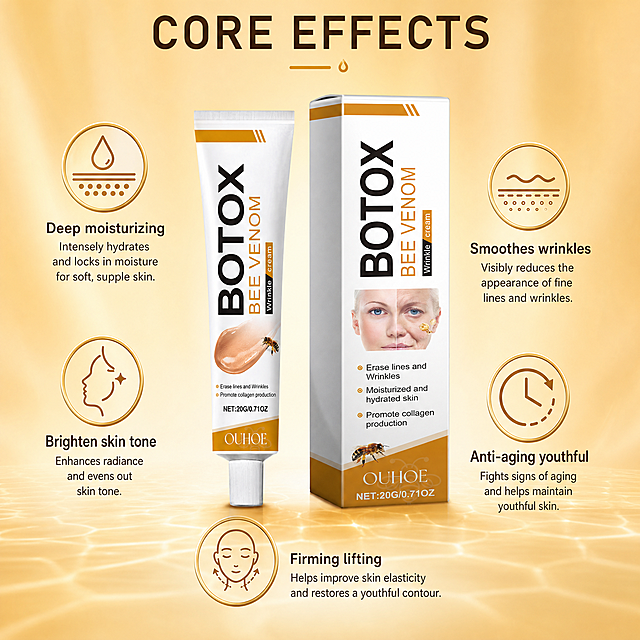 [Main Image 3] Product efficacy advantages picture. Keep product appearance and logo consistent with original. Focus on showing product's multiple effects, product placed in center, 5 icon markers around correspond to 5 core advantages, with short English descriptions. All text is English, background is unified gradient honey color, 1:1 square. Professional clean style, highlight efficacy features. Elements: product tube and box are displayed in center, keep product clear, five small golden icons around correspond to five effects: 1. Deep moisturizing 2. Brighten skin tone 3. Firming lifting 4. Smoothes wrinkles 5. Anti-aging youthful. Icons with simple lines, atmosphere high-end. Light: soft natural light, uniform light, product texture clear. Color: background gradient honey color, icon gold, text dark, strong contrast, clear layers. Text layout: top title "CORE EFFECTS", each icon with short English description, text clear, typesetting neat, no text blocking product. 1:1 ratio, 2K resolution, ultra HD. Negative prompt: deformation, watermark, text disorder, blurred product picture, messy background, Chinese characters, text occlusion, inconsistent product.