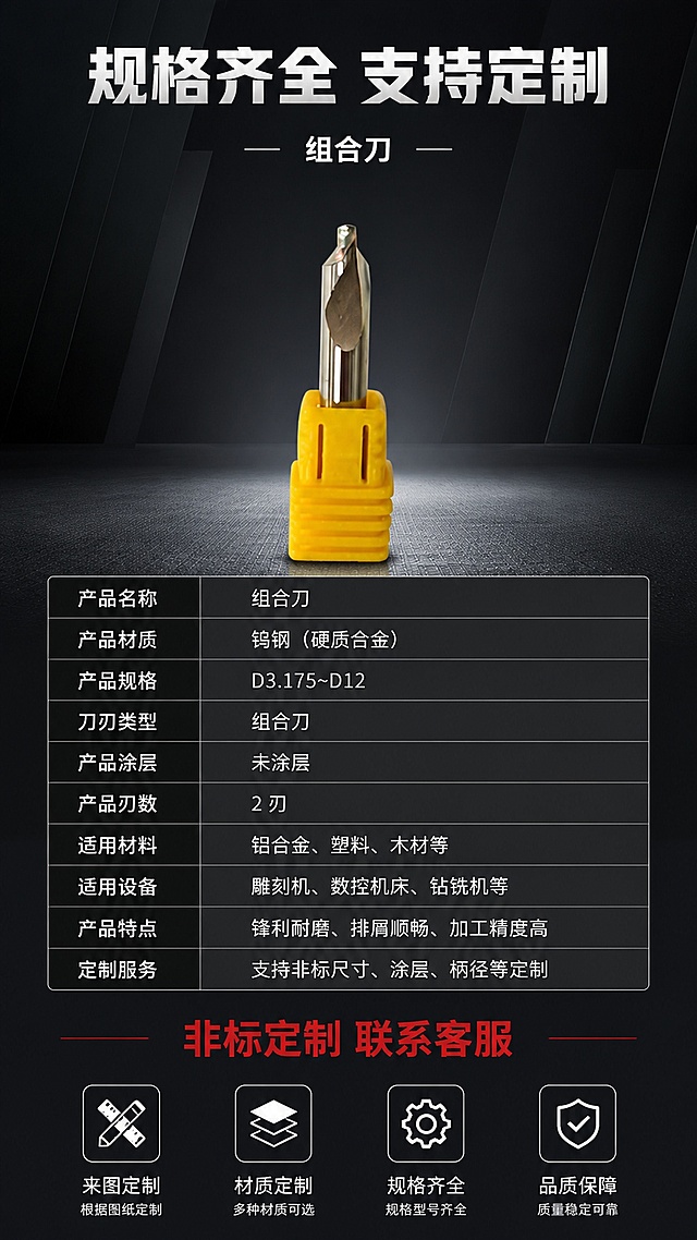 产品参数收口详情页。本屏使用【图1】https://gdesign-dam-hz.dancf.com/37073477074538581/02b4985158d24c8f9ad4c899167fddae.jpg 作为商品主体，参考模板【图2】https://gdesign-dam-hz.dancf.com/37073640819639399/c8ea58f725954315b167b2d8de367308.png 版式结构，固定尺寸790*1440。
[氛围风格] 深色工业背景，专业清晰展示产品参数，突出产品金属质感，保留原产品黄色刀套不改变颜色。
[布局要求] 完全复用模板原有版式：顶部大标题「规格齐全 支持定制」，副标题「组合刀」，产品居中放置，保留原产品外观和黄色刀套，中间产品参数表格，参数名称完全沿用模板，内容适配当前产品，底部红色标题「非标定制 联系客服」，四个定制特点图标和文字完全保留，排版和模板一致。
[光影质感] 产品居中打光均匀，参数表格清晰易读，对比分明。
[配色色系] 深灰背景，白色标题，红色底部标题，和模板配色保持一致。
[文字版式] 参数表格排版对齐整齐，文字清晰，内容完全沿用模板结构，仅产品名称更新为组合刀。
[比例分辨率] 精确790*1440，9:16，4K，文字清晰。
[负向提示] 产品变形，改变刀套颜色，表格错乱，文字模糊，水印