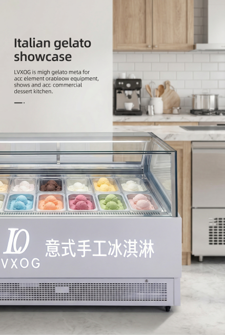 核心主体：严格还原上传的LVXOG意式手工冰淇淋展示柜产品图，保留产品外观、结构、柜内多口味冰淇淋、价格标签、LOGO位置、文字内容和真实金属哑光质感所有细节，保持产品真实材质质感。背景场景：背景为明预览效果