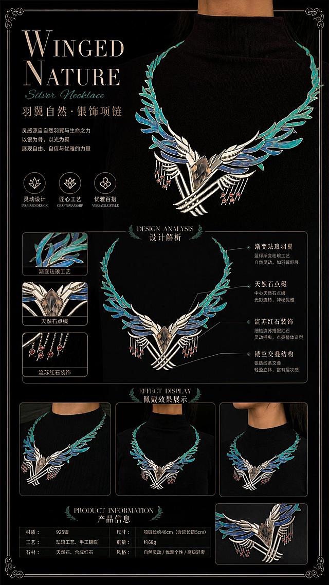 参考第一张展板的排版布局风格，给第二张的银饰项链设计一个9:16的展示展板，突出项链产品特点，保留图文分析和效果展示的排版，配色和风格与项链相协调，高端精致展示珠宝项链