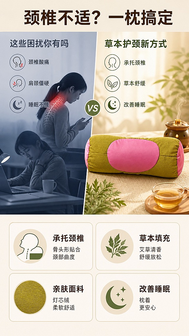 [第2张] 详情页痛点页-颈椎不适与肩颈疲劳解决方案对比。本张使用【图1】作为商品主体。
[氛围/风格] 温馨治愈风 自然绿色调 左右对比版式 商业摄影质感
[元素布局] 画面上下分栏，上半部分为左右对比版式。左侧为痛点区，灰蓝色调，展示低头看手机的人物剪影、颈椎酸痛示意图、肩颈僵硬示意图等元素，表现颈椎不适、肩颈酸痛、睡眠不佳、长期伏案疲劳等状态。右侧为解决区，暖绿色调，摆放艾草骨头形颈椎枕，旁边有舒适放松的温馨画面，柔和暖光洒在枕头上，旁边有艾草香薰和热茶。下半部分为四个痛点解决小卡片，2x2排列，每格配小图标和短文案。保持产品外观与输入产品图一致。
[光影质感] 左侧冷光偏暗，右侧暖光明亮，形成对比；产品区域主光充足，质感清晰，整体过渡自然。
[配色色系] 全局底色 #F5F2E8 暖米色；左区冷灰蓝；右区暖绿棕；主色深棕、艾草绿。
[视角构图] 上下分栏构图，上半部分左右对比，下半部分四宫格，阅读动线从上到下，从左到右。
[文字版式] 顶部大标题「颈椎不适？一枕搞定」，深棕色粗黑体。上半部分左侧小标题「这些困扰你有吗」，灰蓝色细体，配3个痛点短句：颈椎酸痛、肩颈僵硬、睡眠不佳。右侧小标题「草本护颈新方式」，深绿色粗体，配3个解决短句：承托颈椎、草本舒缓、改善睡眠。下半部分四格卡片，每格图标+标题+短句：格1「承托颈椎」「骨头形贴合颈部曲度」格2「草本填充」「艾草清香舒缓放松」格3「亲肤面料」「灯芯绒柔软舒适」格4「改善睡眠」「枕着更安心」。卡片为圆角白底，浅棕细边。
[比例分辨率] 9:16竖版比例，4K分辨率，文字清晰可辨，高清画质。
[负向提示词] 变形，水印，文字错乱，文字过小，缺件错件，结构错误，颜色偏差，面料纹理错乱，产品图模糊，背景杂乱。