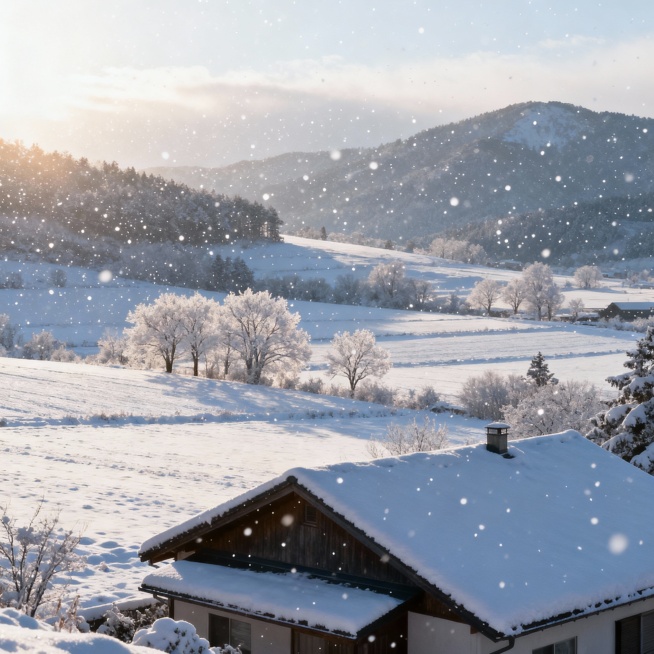 冬日雪景，大地一片银装素裹，皑皑的白雪覆盖了田野、屋顶和远山，仿佛世界盖上了一床厚厚的棉被，天空飘着细小的雪花，阳光柔和地洒在雪地上，反射出晶莹的光芒，远处的树木枝头挂满积雪，近处的房屋屋顶被白雪覆盖预览效果