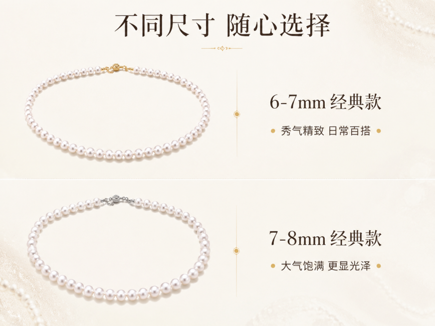 [第2屏] 双规格总览-两款珍珠项链拆开展示对比。[氛围/风格] 清晰直观展示，简约高级，商业珠宝展示风格。[元素布局] 画面分为上下两个区域，上半区域展示6-7mm金色扣头款，下半区域展示7-8mm预览效果