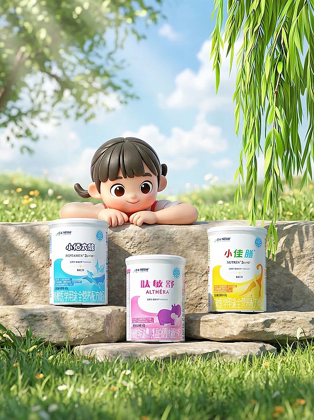 基于参考图重构，调整三罐奶粉产品到符合自然场景的正确角度，保持所有产品文字、品牌Logo和包装设计完全原样不变，保持产品主体物理结构不变，禁止扭曲变形。保留原图片中的卡通小女孩和右侧垂柳，重构清新户外自然场景，采用商业高调摄影，通透柔和漫射自然光，低饱和度清新色调，前中后景层次分明，加入阳光树影营造通透治愈的温馨氛围，整体为适合国内电商的种草感氛围画报。负向提示词：Logo变形、文字错误、产品扭曲、瓶身变形、多余部件、缺失部件、比例失调、死黑阴影、硬光、高对比度、西方面孔、摄影灯、柔光箱、水印、昏暗光线、畸变透视
