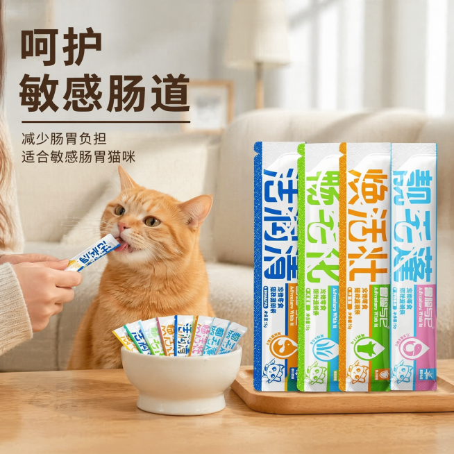 [主图-4] 敏感肠道呵护场景展示。
[氛围风格] 生活化养宠场景，温馨自然有代入感
[画质] 商业摄影质感，光线柔和通透，产品清晰真实，画面干净高级
[元素] 可爱橘猫坐在干净浅色沙发上，前方食盆里预览效果