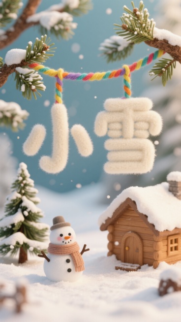 画面中央是米白毛绒质感的 “小雪” 立体字（用彩色毛线悬挂于杉枝间），下方雪地有戴围巾的雪人，旁立小木屋，积雪压着矮松，配色米白 + 浅棕，暖柔冬日氛围。预览效果