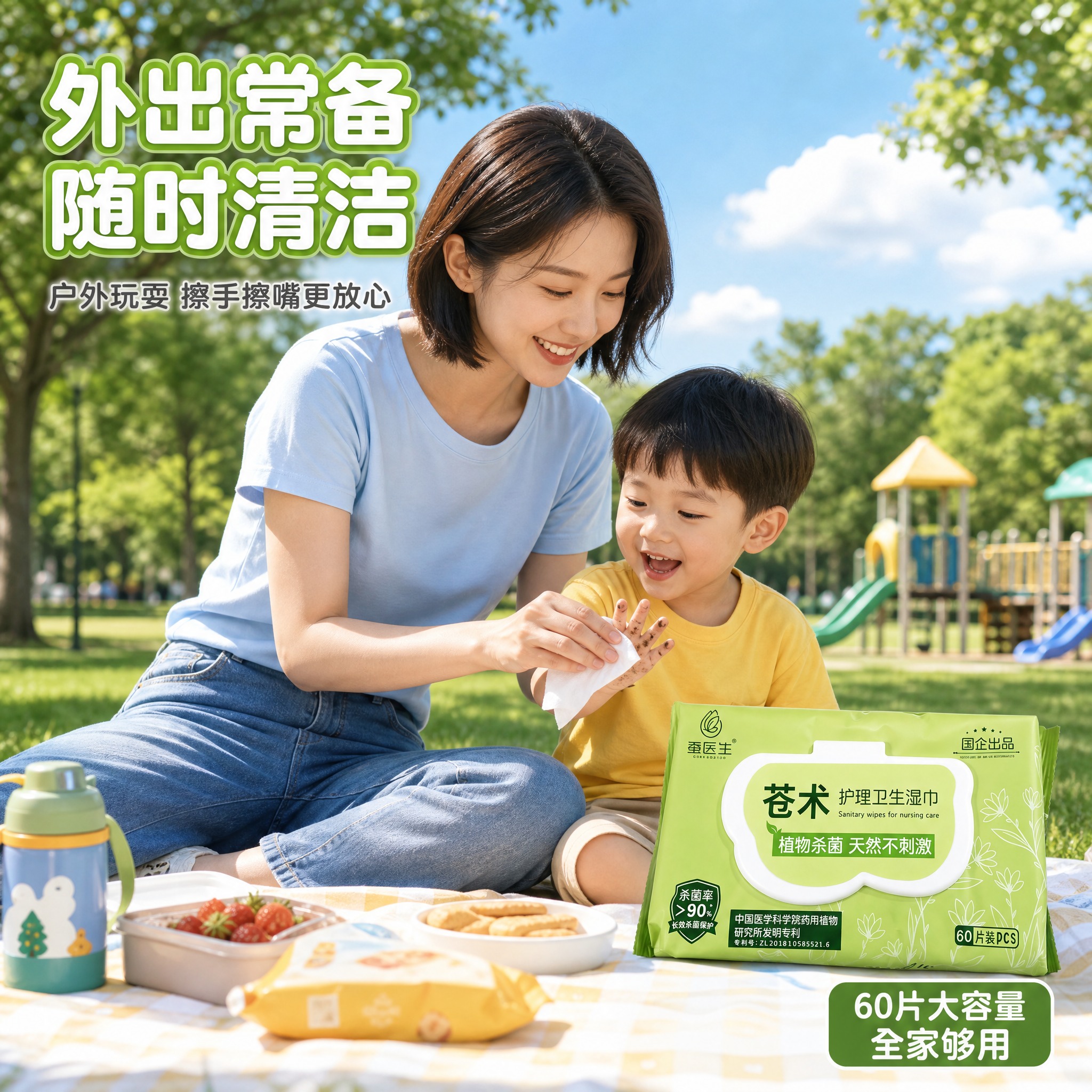 [主图-4] 室外场景图，妈妈带孩子在公园户外玩耍后用湿巾擦手… - 图片创意预览