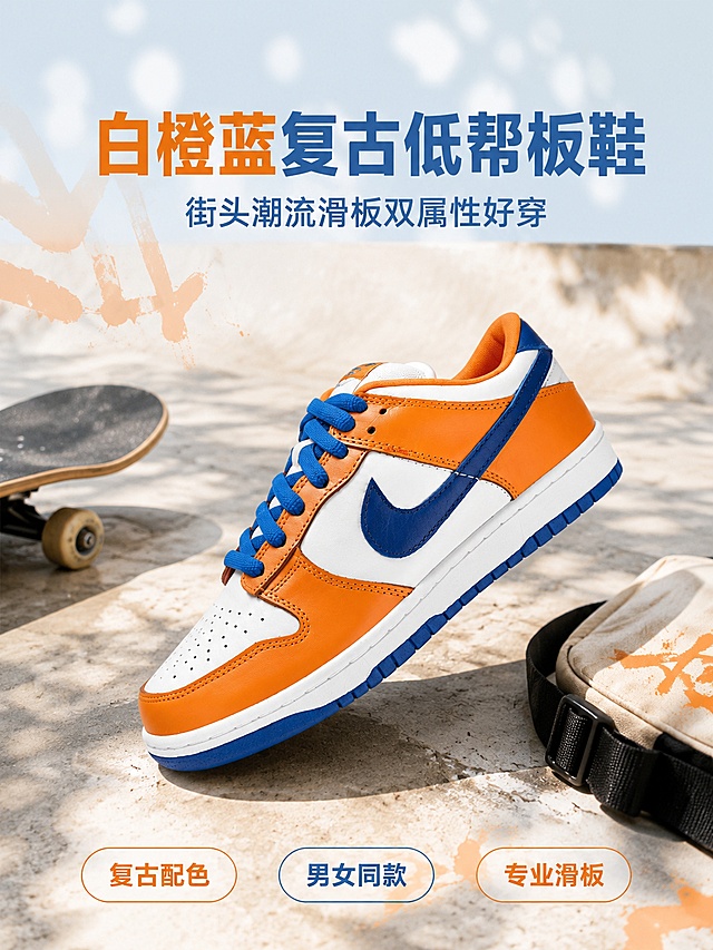 白橙蓝配色低帮板鞋，搭配滑板与背包，展现街头潮流风格，适合男女同款穿着