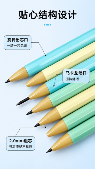 [第3屏] 产品结构解析页-好来星旋转铅笔核心结构引线标注。本屏使用【图2】展示笔尖细节。
[氛围/风格] 清新专业解析风格，浅蓝色浅渐变背景，产品清晰突出。
[元素布局] 铅笔倾斜放置占画面中心约6预览效果