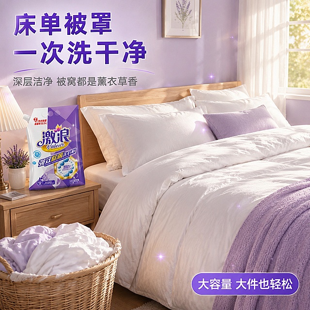 [主图-19] 激浪洗衣粉床上用品清洗图，大件床品也能洗干净。
[氛围风格] 卧室温馨感，洁净蓬松，紫白暖调，舒适安心。
[画质] 超高清温馨卧室摄影质感，光线柔和温暖。
[元素] 温馨卧室场景，大床上铺着洁白蓬松的床单和被子，枕头整齐摆放，床品看起来干净柔软有清香。床尾放着一个洗衣篮，里面有刚换下来的床品。床头柜上放着激浪洗衣粉产品，正面朝向镜头，占画面约25%，保持产品外观与输入产品图完全一致。旁边有薰衣草香薰和台灯。背景是柔和的浅紫色墙面和白色窗帘，阳光从窗户洒入，空气中仿佛有淡紫色的香气粒子漂浮。
[光影] 窗边自然光柔和洒入，床品有蓬松质感，整体温暖舒适，光影柔和梦幻。
[配色] 主色洁白+薰衣草紫，辅色暖木色+金色阳光。
[视角构图] 略微俯视的卧室场景构图，产品自然放置在床头柜上。
[文字版式] 左上大标题"床单被罩 一次洗干净"，紫色粗体大号字。副标题"深层洁净 被窝都是薰衣草香"，灰色中号。右下角圆角标签"大容量 大件也轻松"，紫底白字。文字清晰可读，不遮挡床品和产品主体。
[输出要求] 1:1比例，文字清晰可辨，超高清温馨卧室摄影质感。
[负向提示词] 变形，文字错乱，产品图模糊，背景杂乱，水印，电商平台Logo，多余的手，畸形手，人物面部。