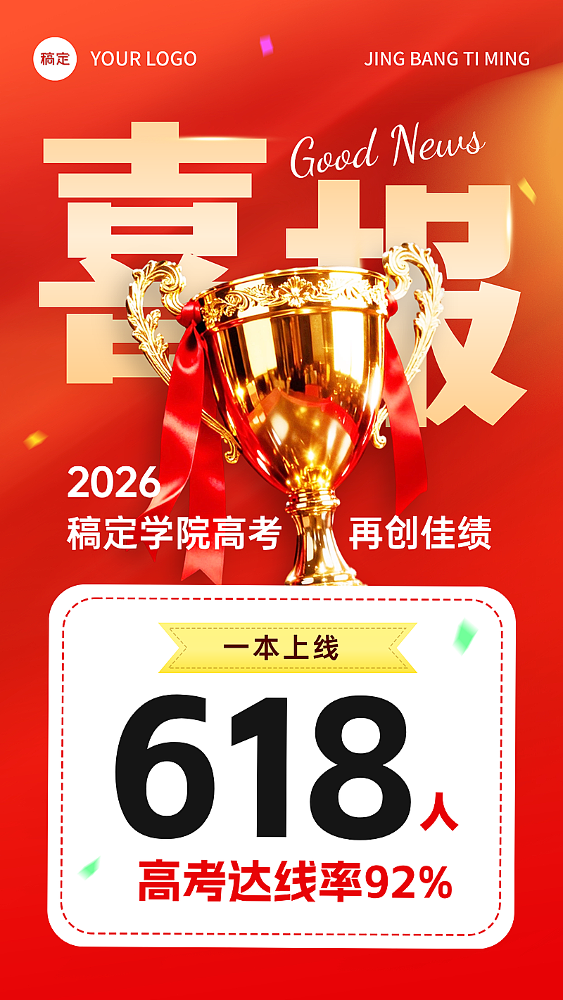 高考成绩录取喜报战报喜庆感大字风竖版海报