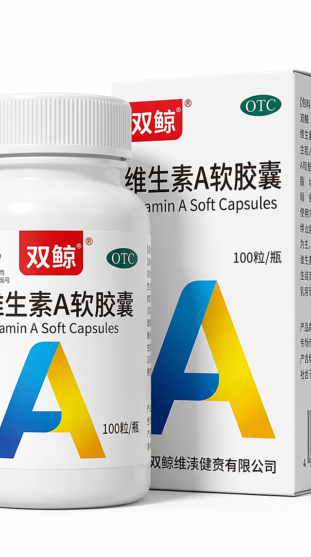 拼多多双鲸维生素A软胶囊细节展示图，放大展示产品瓶身标签的品牌logo、产品名称、100粒规格、OTC标识等关键信息，清晰展示包装盒和瓶身的细节做工，专业清晰的商品细节展示风格，让买家看清产品信息。