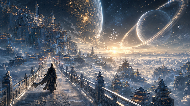 核心主题：星穹天宫秘境，云海之上的东方仙宫，史诗级中式仙侠×科幻美学场景，极繁主义细节，极致对称空间延伸感，兼具恢弘仙气与孤寂史诗感。场景设定：视角为高角度纵深构图，以天街行者与浮空仙城为引导线，强化从近景长桥到远景星球的多层级空间延伸感，打造天街望星河的史诗透视效果；近景白玉天街上，身着黑衣长袍的行者缓步前行，衣袂轻扬，目光望向天街尽头；天街两侧雕花栏杆纹理细腻，极具空间引导感；中景中央云海翻涌，下方中式宫殿群鳞次栉比，云雾缭绕，尽显仙城盛景；左侧巨型浮空仙城依山势而建，层层叠叠建筑嵌于山体之中，灯火微光摇曳，细节丰富；背景为深邃宇宙天际，环状星球悬于右侧，光环清晰可见，左侧巨型星体表面布满金色粒子，天光从云海边缘透出，通过对称构图、建筑延伸、光影明暗对比，极致放大场景的宇宙级恢弘感与空灵氛围。细节与光影：建筑细节包含浮空仙城层叠建筑结构、中式宫殿群飞檐斗拱、天街栏杆雕花细节、山体岩石纹理，细节可放大赏析；环境细节包含云海朦胧流动效果、环状星球光环纹理、巨型星体金色粒子、天光光束效果、古装行者衣袂褶皱，微观层次饱满；采用近实远虚、冷暖交织的光影逻辑，近景天街与行者在柔光下细节清晰，中景仙城与云海泛着朦胧暖光，远景星球与星体泛着幽冷光晕，通过明暗对比与虚实渐变强化仙侠科幻感，整体光影层次丰富，氛围感拉满；质感包含建筑石材质感、天街温润石材质感、云海朦胧流动感、衣料飘逸质感，8K超写实渲染，极致细节质感。风格与画质：中式仙侠×科幻史诗，极繁主义构图，秩序井然的元素堆叠，通过对称空间延伸感与光影打造极致恢弘史诗感；UE5渲染，8K超清，电影级调色，景深效果，HDR，禁止西方建筑元素、现代科技、畸形扭曲、模糊纹理、杂乱色彩、过曝/死黑区域，禁止人物出现畸形肢体，禁止破坏空间纵深感的平面化构图