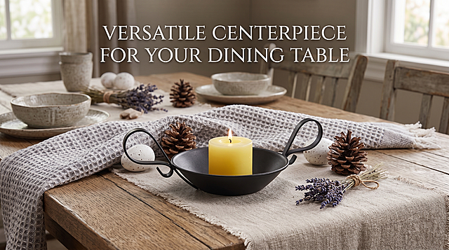 Black metal candle holder tray with safety tip and handle, displayed in a rustic farmhouse dining room centerpiece, paired with simple linen table runner, ultra clear, rich texture, realistic natural style, English copy: 'Versatile Centerpiece for Your Dining Table', keep the candle tray's original main features unchanged