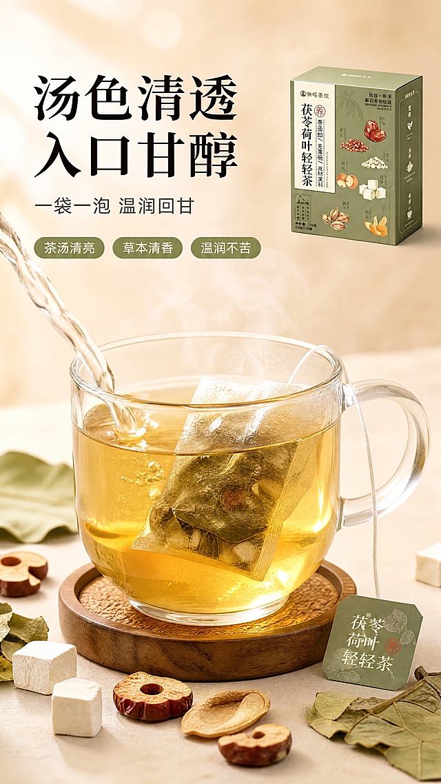[商品] 使用【图1】茯苓荷叶轻轻茶产品包装盒；保留包装盒的豆绿色主色、正面文字与品牌标识；包装盒位于画面右上角，占画面约15%，作为产品露出；画面主体为茶汤冲泡与茶包特写，茶包外观参考盒上独立小袋风格。
[画面] 目标：第5张 口感质地页，茶汤冲泡特写，展现清透温润质感。构图：中央主体式，透明玻璃杯冲泡场景占画面60%。透明玻璃杯中盛有金黄透亮的茶汤，茶包悬于杯口，茶包线自然垂下，茶包在水中微微舒展。杯口有轻微热气升腾。杯子下方有木质杯垫。周围散落干荷叶、茯苓片、红枣片作为点缀。右上角放置产品包装盒小图。背景为暖米杏色虚化，柔和光斑。动作瞬间型：热水刚注入、茶汤渐变色的动态感。
[视觉] 套系策略：风格=新中式草本养生商业摄影风；标题字=宋体粗体（思源宋体 Heavy）；正文字=简洁无衬线体（思源黑体 Regular）；主色=暖米杏+豆绿；背景延展=基于暖米杏做深浅层级、同色渐变和细腻大理石/宣纸质感；强调色=赭石红，仅用于小面积图标、引线、标签和印章点缀；标题色=深炭黑；正文色=中暖灰；组件=圆角浅底信息卡、细线引线、中式印章元素；光影=左前侧45°暖柔光，柔和阴影，通透自然，茶汤有透光感。
[文字] 左上主标题"汤色清透 入口甘醇"（宋体粗体，深炭黑）；主标题下方副标题"一袋一泡 温润回甘"（无衬线体，中暖灰）；下方3个短句口感标签横向排列："茶汤清亮""草本清香""温润不苦"（豆绿色圆角小标签）；所有文字横排，不遮挡茶汤主体。
[规格] 图片比例9:16竖版，4K，medium质量；避免变形、错字、文字过小、茶汤颜色失真、冷蓝背景、医疗化表述。