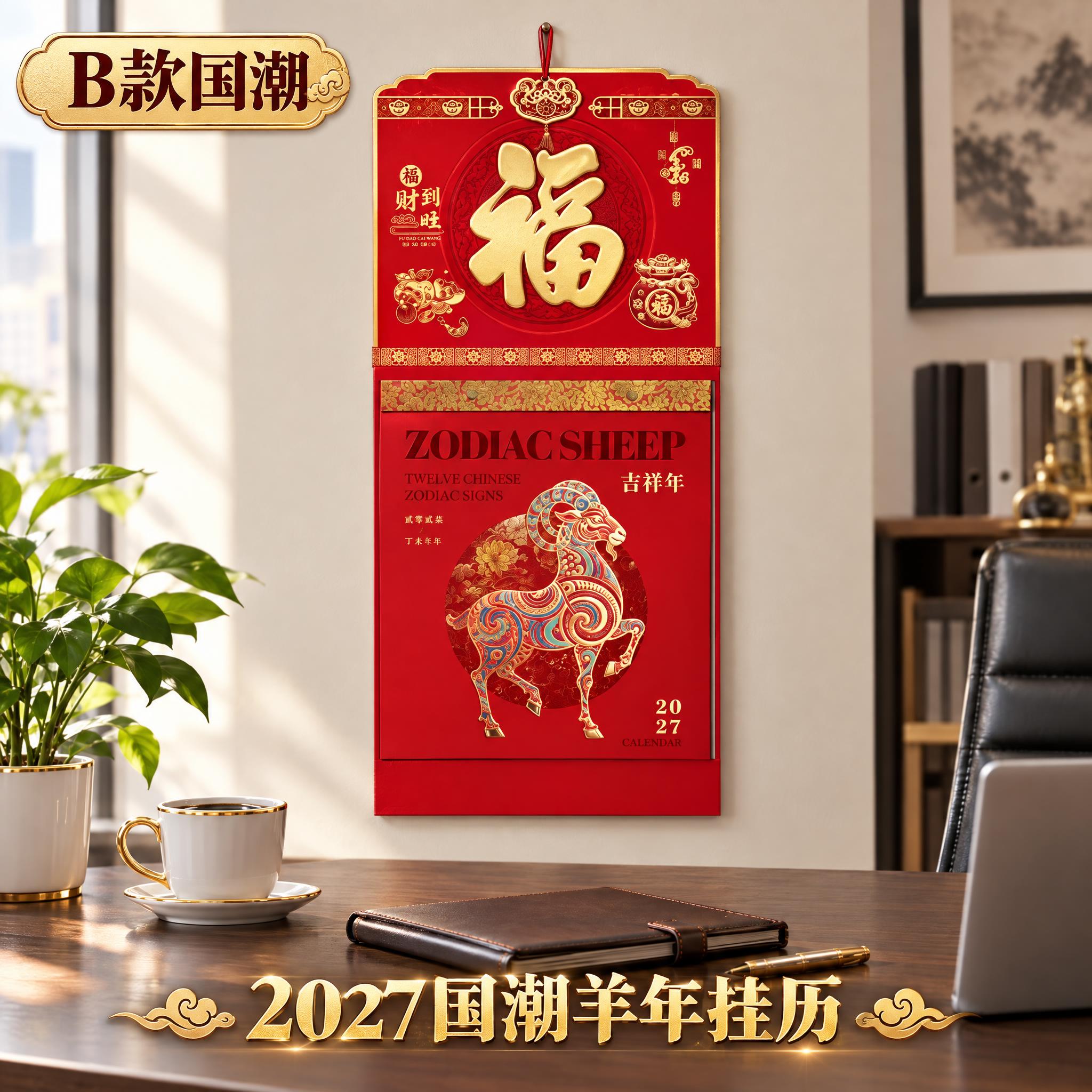 福到财旺国潮羊2027年挂历淘宝主图，主题：B款国潮艺术羊展示… - 图片创意预览