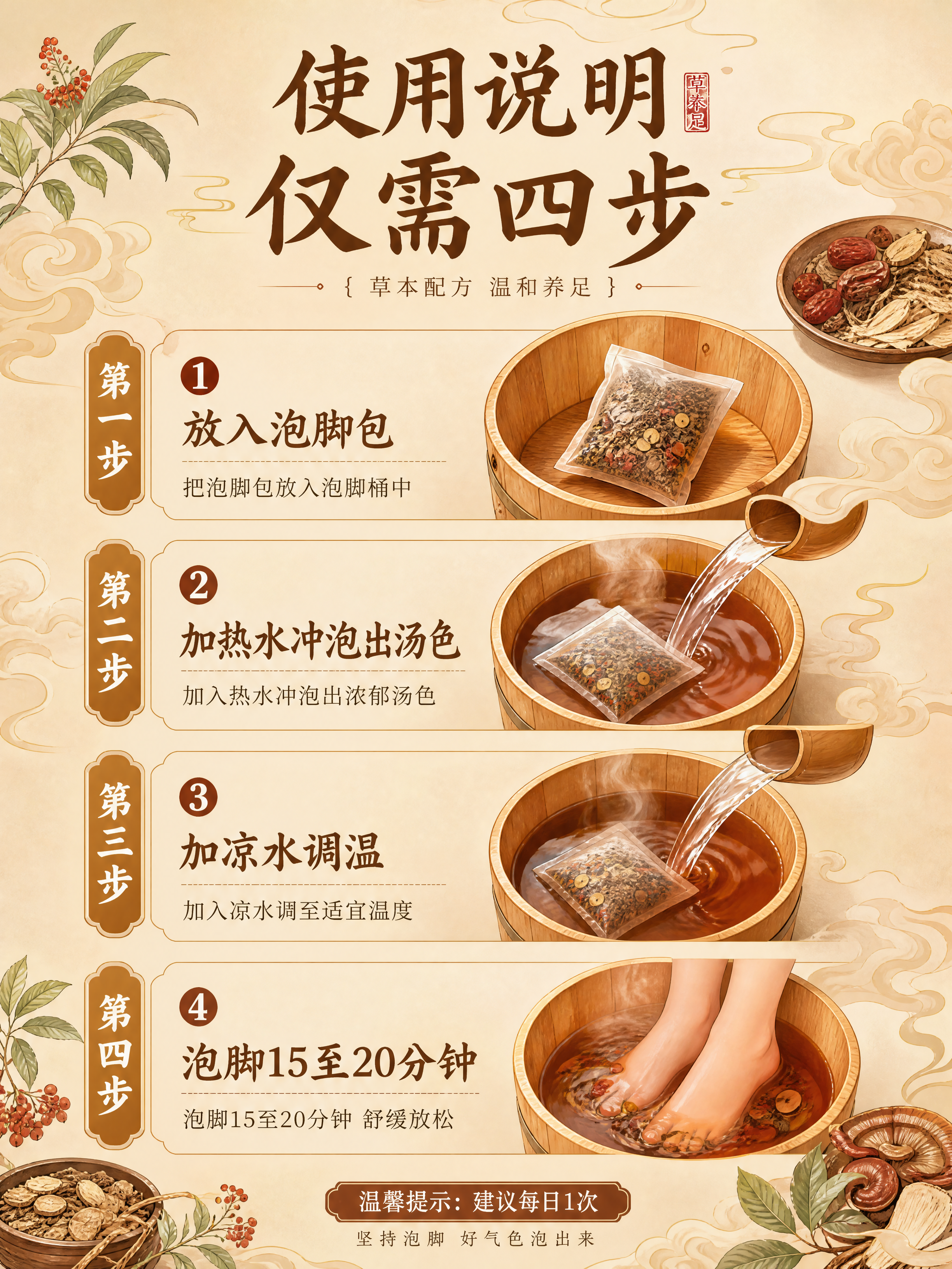 中国风足浴泡脚包使用说明电商详情页海报，竖版3:4比例，4K高… - 图片创意预览