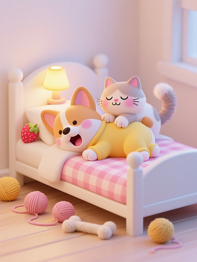 3D卡通风格，可爱小狗与猫咪拟人化共眠，简约温馨，毛发生长细节生动。