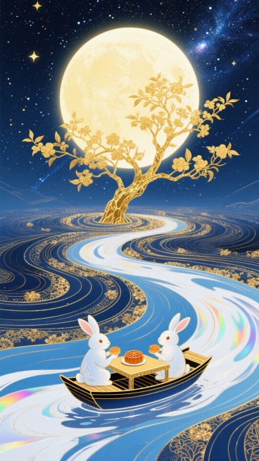 梦幻奇幻风格，全景，小船（漂浮在蓝白色河流上，船上一个桌子，两侧有2只玉兔，对坐着吃月饼 ）居画底部，星空漩涡从小船向四周扩散成漩涡状星空（深金色交织） ，中央巨大的发光满月，巨大的满金的桂枝树破空生预览效果