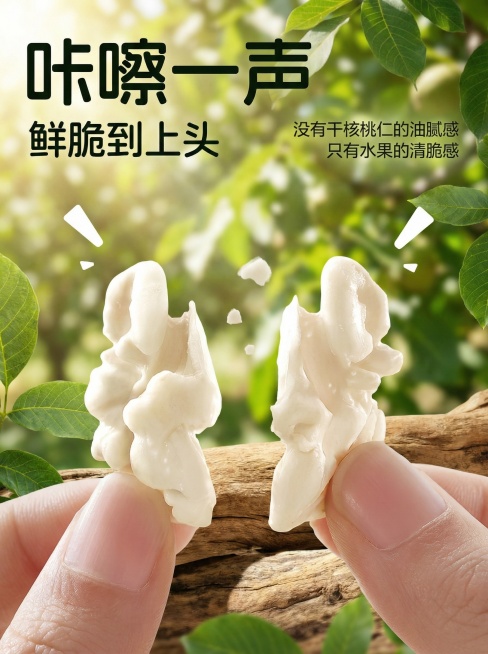 参考这张图片，生成一张类似的鲜脆去皮核桃仁口感宣传图，换一个真实且风格不同的全新背景，不要和原图浅蓝背景相似，保留排版结构、所有文案内容和手掰核桃仁的动态展示，核桃仁保持奶白色，整体尺寸750x100预览效果