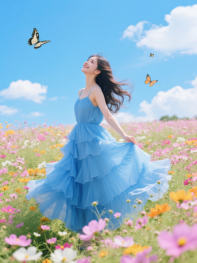 少女在花海中翩翩起舞，蝴蝶环绕，清新甜美，超现实主义的虚拟自然景象。