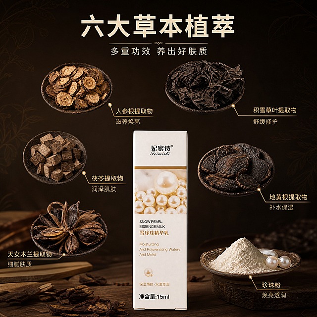 [主图-2] 核心成分解析，多种草本中药萃取成分可视化，突出草本原料的天然与功效。
[统一基调] 整体风格为草本中药质感，深褐偏黑中药色调为主，搭配米白与暗金色点缀，营造传统草本与现代护肤结合的专业品质感。主标题字体为干净非衬线体，深褐色粗体，辅助文字为浅褐色细体，强调色为暗金色。
[画面] 画面采用成分环绕式布局，产品包装盒（妃蜜诗雪珍珠精华乳白色长方盒）位于画面下方中央，占画面约35%，正面展示。产品上方和四周环绕展示6种核心草本中药原料，每种原料配细线引线和功效标签：1.人参根提取物（深褐色人参切片）- 滋养焕亮；2.积雪草叶提取物（深褐偏黑干叶）- 舒缓修护；3.茯苓提取物（深褐色茯苓块）- 润泽肌肤；4.地黄根提取物（深黑褐色地黄片）- 补水保湿；5.天女木兰提取物（深褐色干花）- 细腻肤质；6.珍珠粉（米白色细粉堆）- 焕亮透润。所有草本颜色均为晒干后偏黑的中药色泽，真实药材质感。背景为深褐色渐变，带有淡淡的草本纹理底纹。
[光影质感] 商业摄影质感，均匀柔光，每种草本原料细节清晰，药材纹理真实，产品与成分之间空间层次分明。
[配色] 主色深褐偏黑中药色，辅助色米白、暗金色，成分标签用暗金色细线和文字。
[文字版式] 画面顶部居中大字号主标题：六大草本植萃；下方小字：多重功效 养出好肤质。各成分旁配小字号功效标签，引线从成分指向标签，排版错落有致，不拥挤。
[输出要求] 比例1:1，文字清晰可读，产品和成分都清晰，无水印，无平台Logo，无生产厂家信息。负向：成分颜色鲜艳发绿、产品变形、错字、模糊、杂乱、夸张功效宣称。
