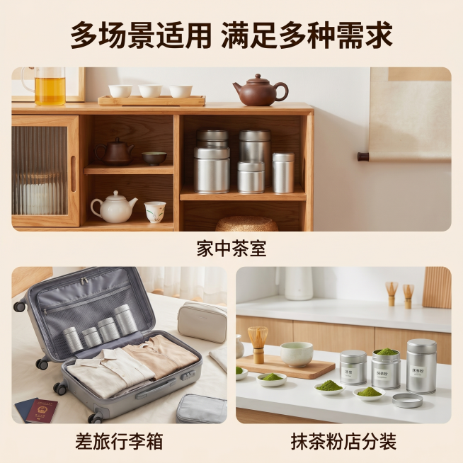 [主图 4] 马口铁茶叶罐多场景适用展示图。
[氛围风格] 生活化实用感，延续整体干净风格
[画质] 商业摄影质感、光线柔和通透、产品清晰真实、画面干净高级。
[元素] 宫格布局展示三个常用场景，上格预览效果