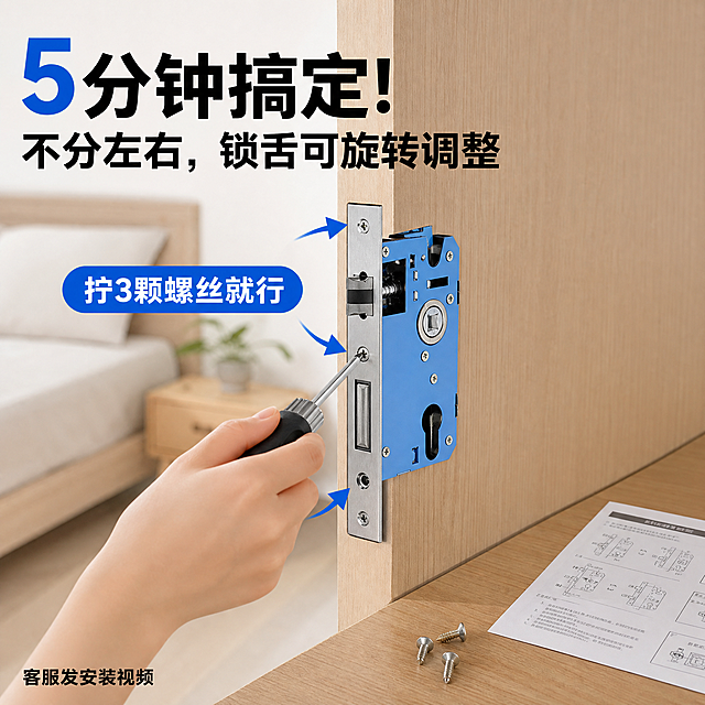 [单张主图] 卧室门锁体安装简易卖点主图，爆款促销感路线，主打新手友好易安装。
[画面主体] 保留原门锁体蓝银配色、金属不锈钢材质和结构与输入产品图绝对一致，杜绝任何变形和色差，精细化处理。画面主体为真人女生的手，单手用螺丝刀拧锁体螺丝，背景是普通卧室门，已拆除旧锁，旁边放置安装说明书和3颗配套螺丝，商品和操作场景自然融合，主体占比约65%。
[构图版式] 采用真实使用场景型版式，产品操作作为核心视觉，文案排布在留白区域。
[场景元素] 普通卧室门作为背景，自然家居氛围，添加小箭头提示，说明书和螺丝摆放在手边空位，整体真实自然。
[文案版式] 顶部大字文案："5分钟搞定！不分左右，锁舌可旋转调整"，箭头标注文字："拧3颗螺丝就行"，底部小字文案："客服发安装视频"。文字颜色与背景形成强烈对比，大字加粗清晰醒目，箭头纤细对应操作位置，底部小字缩小，层级分明，所有文字不遮挡操作主体和锁体核心结构。
[光影质感] 自然室内散射光线，主光从侧面打亮操作手部和锁体，金属高光清晰，暗部有层次，景深适中，背景轻微虚化突出主体，整体真实自然，商业摄影高清质感，产品清晰锐利。
[配色字体] 主色调为原木门浅灰色，提取锁体蓝色作为强调色，字体采用粗黑体无衬线字体，大字更大更粗，小字缩小对比明显，清晰易读。
[比例分辨率] 1:1比例，2k分辨率，文字清晰可辨，超高清。
[负向提示词] 变形，水印，错字，糊字，伪Logo，主体遮挡，背景杂乱，低清晰度，错误结构，文字错乱