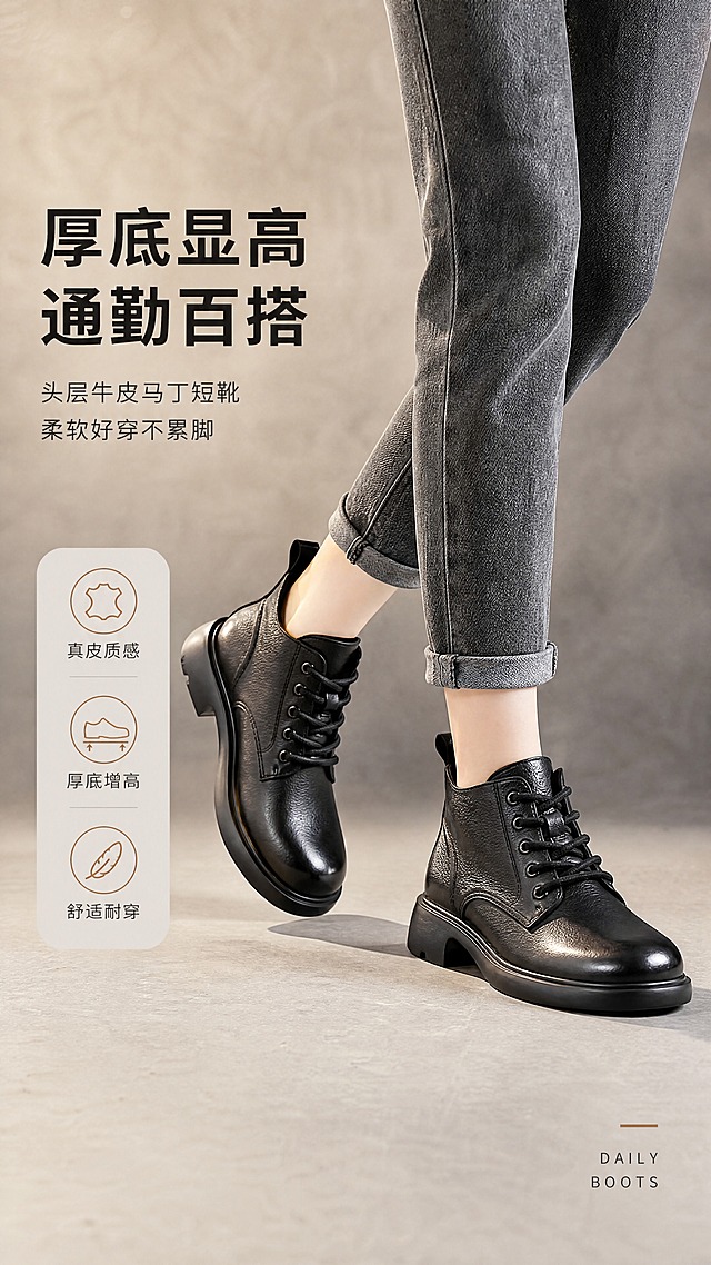 [商品] 使用【图1】黑色真皮厚底系带短靴；商品处理：保留圆头、4孔系带、低帮短靴鞋口、厚底松糕鞋底、后跟提拉环、黑色头层牛皮材质和整体鞋型；增强皮纹质感、缝线清晰度、鞋底轮廓和五金光泽，自然理顺鞋面褶皱，不改变版型、颜色和结构。
[画面] 目标：风格头图海报，营造高级通勤氛围。构图：左文右图，右侧亚洲女模特下半身（小腿至脚部）穿着灰色牛仔裤+黑色短靴自然行走姿态，左侧留白放标题；产品占画面约55%，前景地面投影、中景模特脚部、后景暖灰色肌理背景虚化。景别：中景（膝盖以下）。阅读动线：左上标题→右侧鞋履主体。
[视觉] 套系策略：风格=高级简约通勤商业摄影；标题字=现代无衬线粗体（思源黑体Heavy）；正文字=简洁无衬线体（思源黑体Regular）；主色=炭黑+暖灰；背景延展=基于暖灰色做深浅层级渐变、细腻水泥/纸张肌理质感；强调色=焦糖棕，仅用于小面积图标、引线和标签；标题色=炭黑色；正文色=中暖灰；组件=圆角浅灰信息卡、细棕线引线；光影=左前侧暖柔光，右侧轮廓光，地面自然投影。
[文字] 左上区域主标题「厚底显高 通勤百搭」（8字），副标题「头层牛皮马丁短靴 柔软好穿不累脚」，下方3个短卖点：①真皮质感 ②厚底增高 ③舒适耐穿；文字横排，不遮挡鞋头、鞋带和鞋底主体。右下角小号英文装饰「DAILY BOOTS」。
[规格] 图片比例9:16竖版，4K分辨率，京东平台适配，避免变形、错字、文字过小、冷蓝背景、鞋子颜色改变、版型失真、极限词。