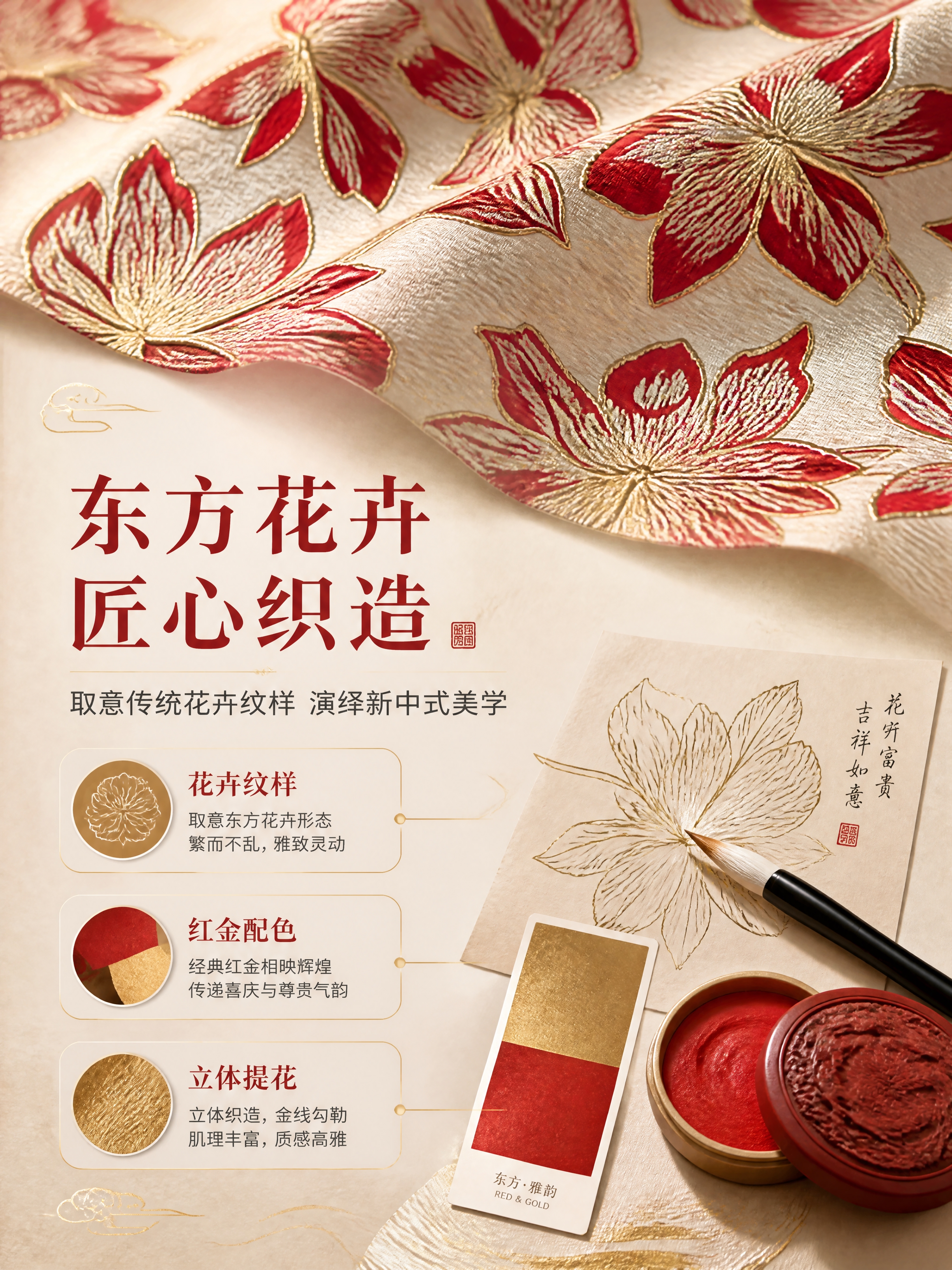 [商品] 使用【图1】红金花卉提花面料；商品处理：保留米白底、… - 图片创意预览