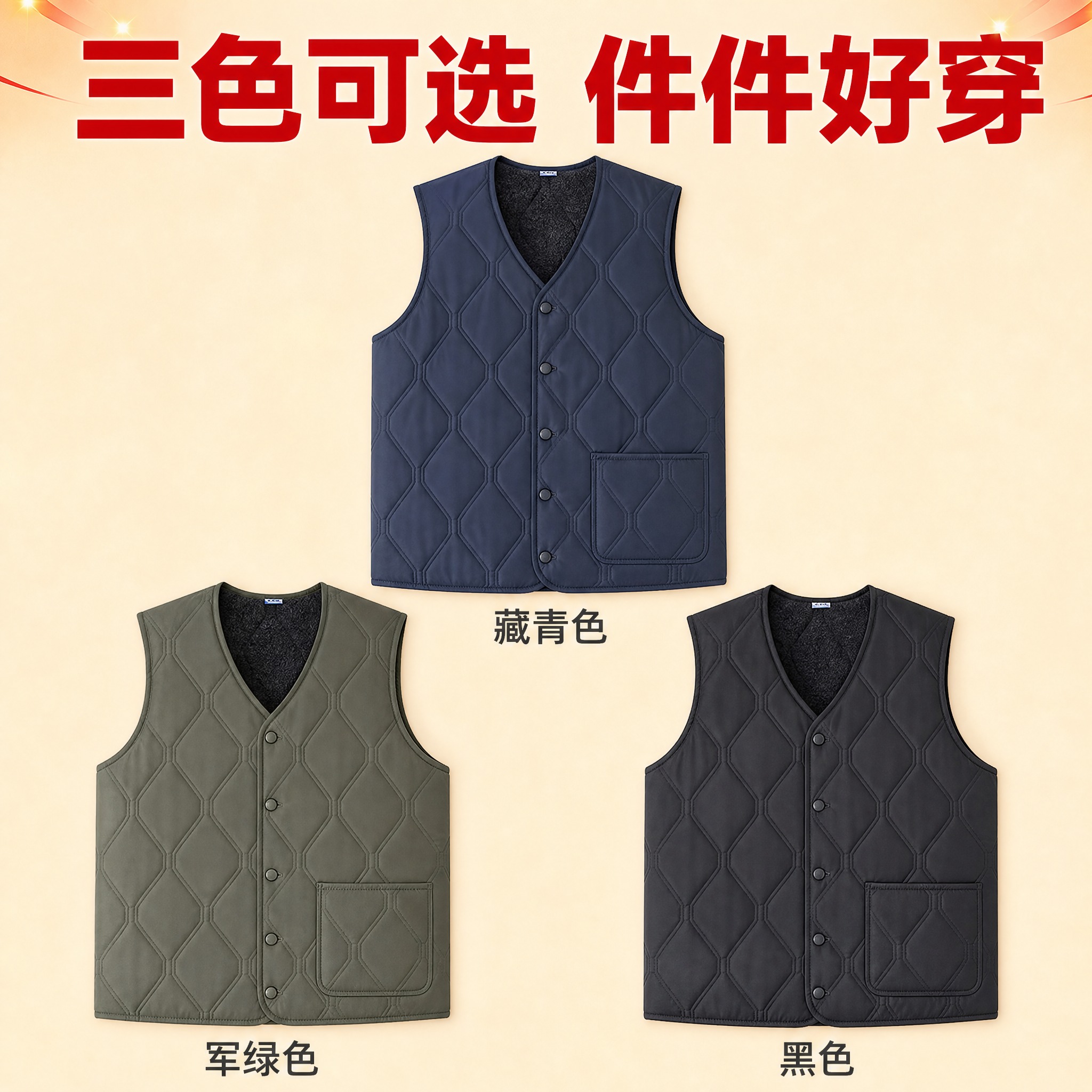 [主图-5] 三色马甲平铺展示图，清晰展示三种颜色款式选择。… - 图片创意预览