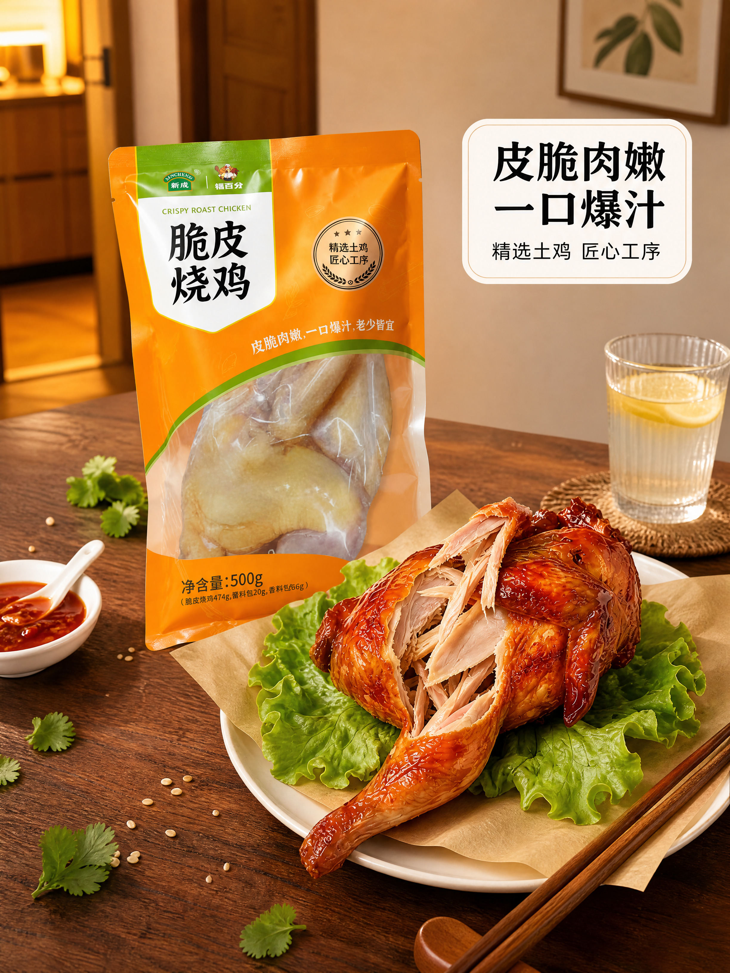 超写实美食摄影，微信笔记风格。 主体：脆皮烧鸡包装袋严格参照上… - 图片创意预览