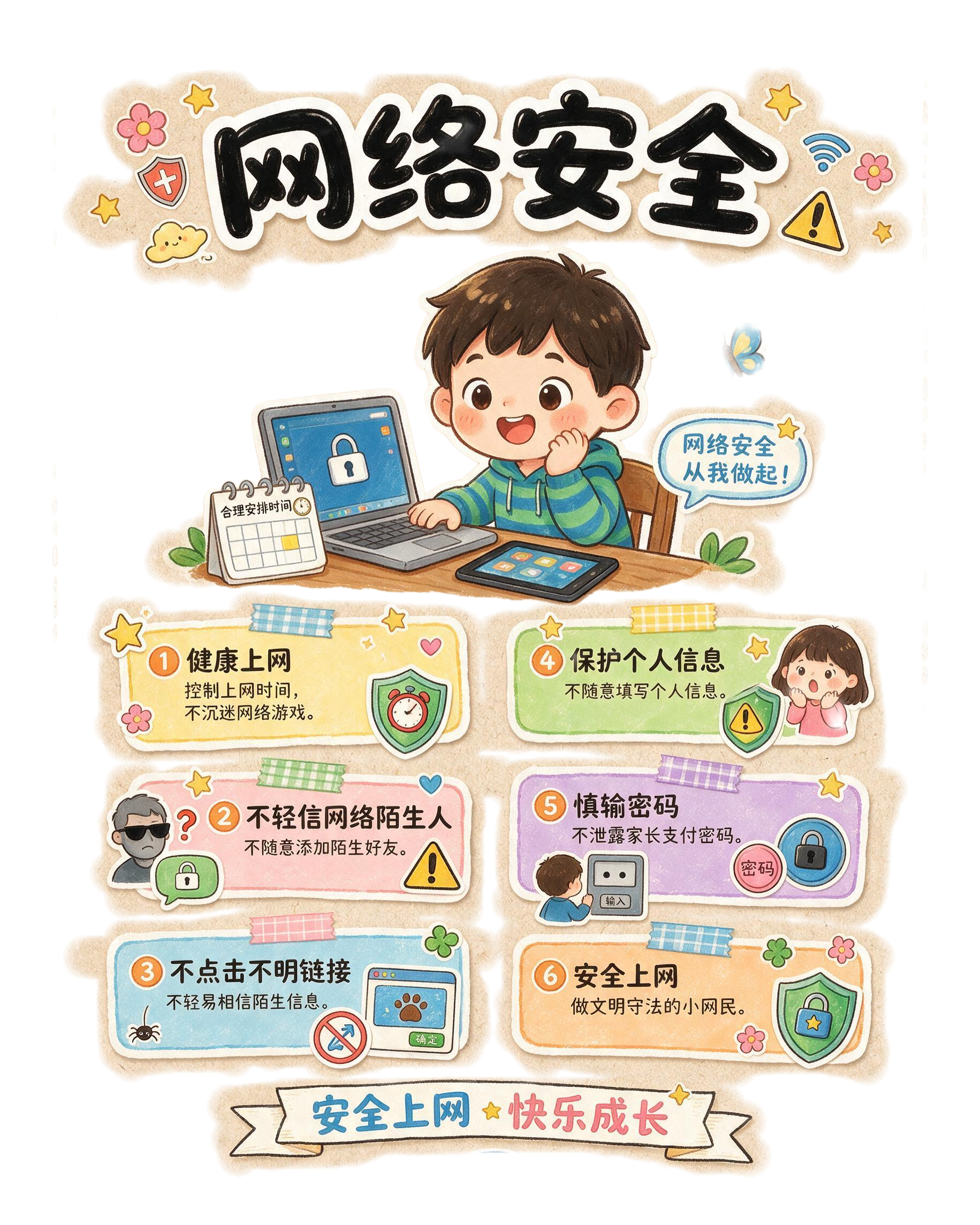 竖版儿童网络安全科普海报，浅米色牛皮纸质感底色，外围白色虚线装… - 图片创意预览